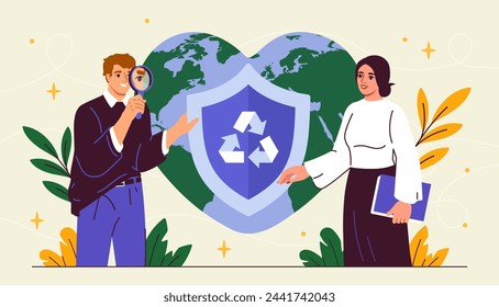 Cleaner planet concept. Man and woman shaking hands at background of Earth. Care about ecology and environemnt. Eco friendly activists and volunteers. Cartoon flat vector illustration