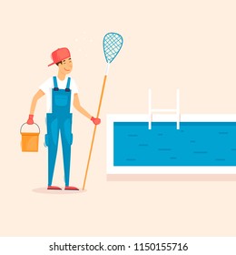 Cleaner pools, man with a net. Flat design vector illustration.