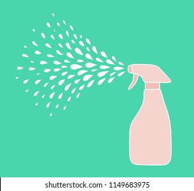 Cleaner Pump Spray Bottle Spraying Drops Of Cleaning Liquid Isolated On Background. Hand Drawn Doodle Vector Illustration.