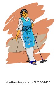 The cleaner is resting. Work and workers. A woman at work