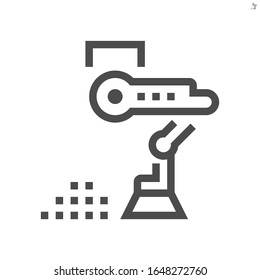 Cleaner robot and household vector icon. Character of domestic automated machine consist of robotic hand, arm and broom for smart home service by cleaning floor in room, home or apartment. 48x48 px.
