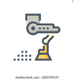 Cleaner robot and household vector icon. Character of domestic automated machine consist of robotic hand, arm and broom for smart home service by cleaning floor in room, home or apartment. 48x48 px.
