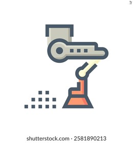 Cleaner robot and household vector icon. Character of domestic automated machine consist of robotic hand, arm and broom for smart home service by cleaning floor in room, home or apartment. 48x48 px.	
