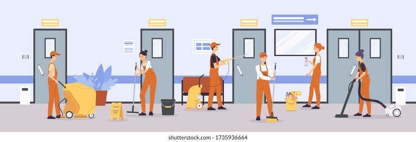 Sauberes Serviceteam, das Fußböden und Wände im Büro- oder Krankenhausgang reinigt - Karikaturisten in Uniform, die Geräte zur Reinigung im Geschäftsgebäude verwenden. Vector-Abbildung.