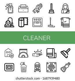 Cleaner Simple Icons Set. Contains Such Icons As Liquid Soap, Vacuum Cleaner, Tissue, Paper Towel, Hand Washing, Oven, Broom, Mop, Housekeeper, Can Be Used For Web, Mobile And Logo