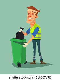 Cleaner smiling man character. Vector flat cartoon illustration