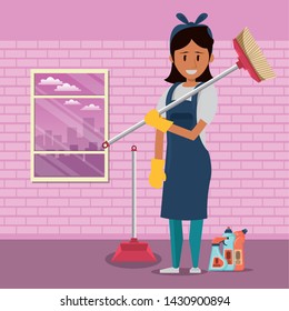 Cleaner smiling and working with cleaning product in home scenery vector illustration