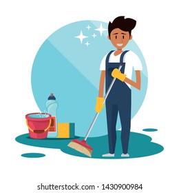 Cleaner smiling and working with cleaning product in home scenery vector illustration