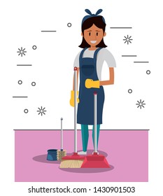 Cleaner smiling and working with cleaning product vector illustration