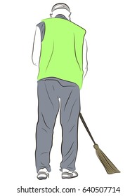 The cleaner in special clothes is standing with his back and is holding a broom to clean the floor. Colored Vector illustration.