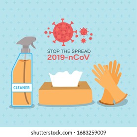 Cleaner spray tissues box and gloves for stop the spread 2019 ncov virus design of Covid 19 epidemic disease symptoms and medical theme Vector illustration