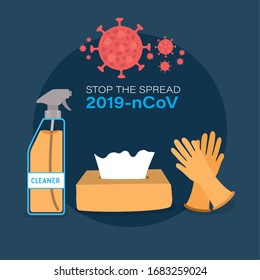 Cleaner spray tissues box and gloves for stop the spread 2019 ncov virus design infection epidemic disease symptoms and medical theme Vector illustration