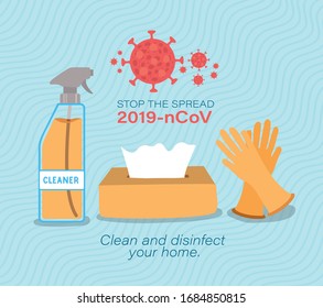 Cleaner spray tissues box and gloves for stop the spread 2019 ncov virus design of Covid 19 epidemic disease symptoms and medical theme Vector illustration
