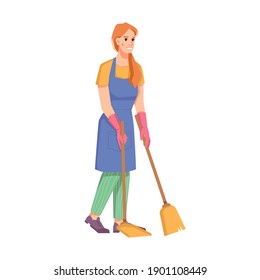 Cleaner staff, woman with broom, sweeping lady wearing uniform. Cleaning service for home or office, hotel room or housekeeping. Isolated personage or maid. Cartoon character, vector in flat style