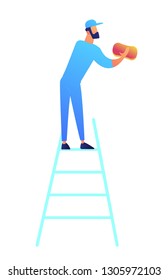 Cleaner standing on the ladder and washing with sponge vector illustration. Cleaning service, cleaning tools and washing sponge, house cleaning and housework concept. Isolated on white background.