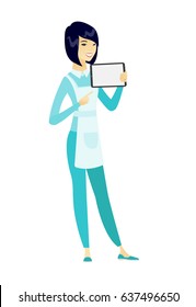 Cleaner in uniform holding tablet computer. Full length of young happy cleaner pointing at tablet computer. Cleaner with tablet computer. Vector flat design illustration isolated on white background.