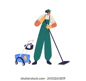 Cleaner washing floor with mop, bucket. Professional worker from cleaning service. Cleanup, wet janitorial, housework for clean home. Flat graphic vector illustration isolated on white background