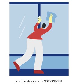 Cleaner washing window with wet cloth Vector illustration Isolated on white background