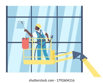 Ventanas de lavado más limpias de color plano vectorial caracter sin rostro. Janitor afroamericano en el ascensor aislado ilustración de caricaturas para diseño gráfico web y animación. Trabajo de limpieza, servicio de conserjería