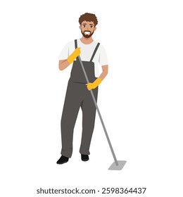 Cleaner wearing gloves and overalls is mopping the floor, clean and hygienic environment. Flat Vector character illustration