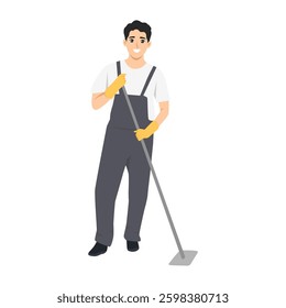 Cleaner wearing gloves and overalls is mopping the floor, clean and hygienic environment. Flat Vector character illustration