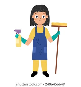 Mujer más limpia con estilo de dibujos animados para los niños. Una mucama de mujer con uniforme, con un cepillo y un spray aislado en el fondo blanco. Las profesiones de aprendizaje se inclinan por la escuela y el preescolar. Ilustración del vector