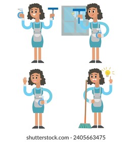 Cleaner woman character. Cleaning lady in uniform. Vector illustration