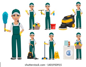 Cleaner woman. Cheerful cartoon character, set of seven poses. Cleaning service concept. Vector illustration isolated on white background