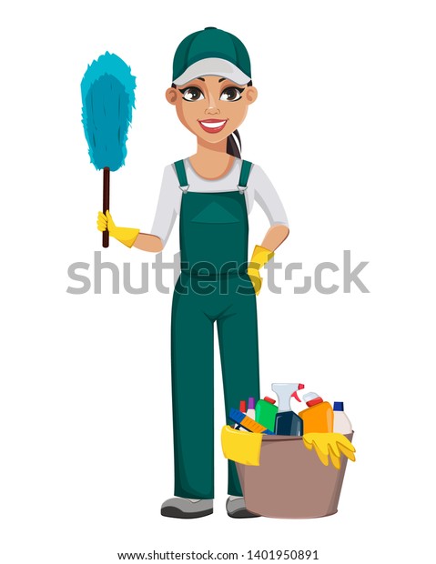 Cleaner Woman Holds Dust Brush Cheerful Stock Vector (Royalty Free ...