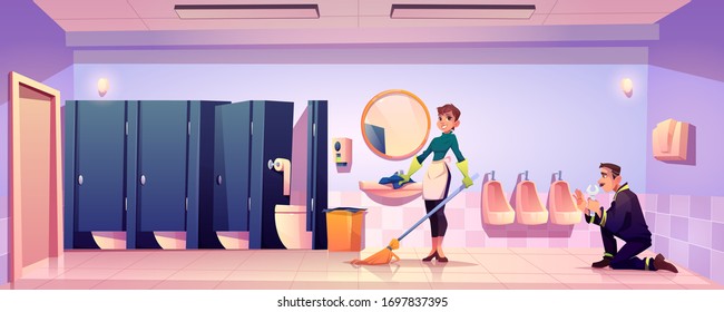 Cleaner Woman And Plumber In Public Toilet. Charlady With Mop And Handyman Worker Fixing Urinals In Wc Restroom Interior With Cubicles, Washbasin, Mirror And Liquid Soap. Cartoon Vector Illustration