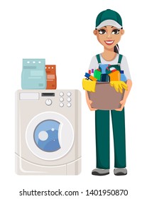 Cleaner woman stands near washing machine and holds cleaning agents. Cheerful lady, cartoon character. Cleaning service concept. Vector illustration isolated on white background