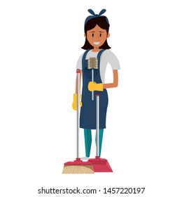 Cleaner woman worker with cleaning products and equipment vector illustration graphic design.