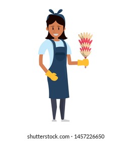 Cleaner woman worker with cobweb brush vector illustration graphic design.