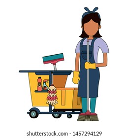 Cleaner worker with cleaning products in cart equipment vector illustration graphic design.