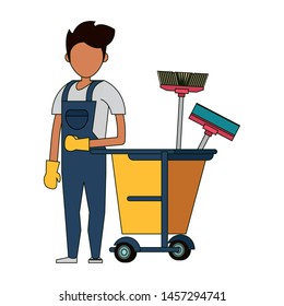 Cleaner worker with cleaning products in cart equipment vector illustration graphic design.