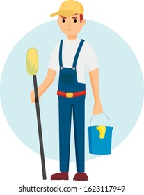 Cleaner worker man with cleaning products and equipment vector illustration graphic design