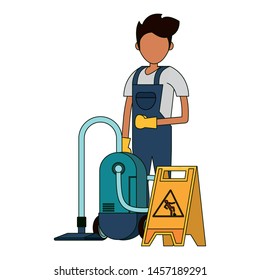 Cleaner worker man smiling with cleaning products and equipment vector illustration graphic design.