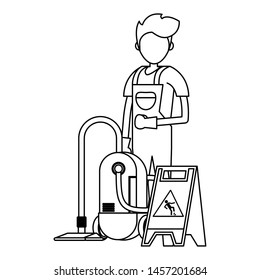 Cleaner worker man smiling with cleaning products and equipment vector illustration graphic design.