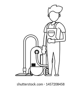 Cleaner worker man smiling with cleaning products and equipment vector illustration graphic design.