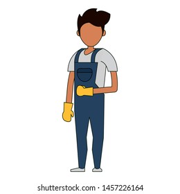 Cleaner worker man smiling with cleaning products and equipment vector illustration graphic design.