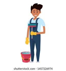 Cleaner worker man smiling with cleaning products and equipment vector illustration graphic design.