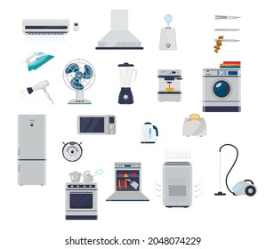 cleaner,microwave, air purifier on an isolated background in a cartoon flat style, a set of household appliances for home