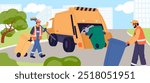 Cleaners load containers into garbage truck. Street cleaning with machine. Scavengers carrying dustbins. Wipers working. Trash removal. Janitors collecting rubbish