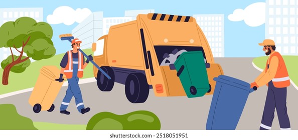 Cleaners load containers into garbage truck. Street cleaning with machine. Scavengers carrying dustbins. Wipers working. Trash removal. Janitors collecting rubbish