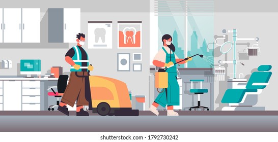 cleaners in masks disinfecting coronavirus cells to prevent covid-19 pandemic cleaning service disinfection concept dental clinic interior horizontal full length vector illustration