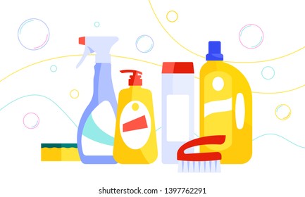 Cleaners. Products for cleaning kitchen or bathroom. Flat style vector illustration. Template for banner, poster or offer.
