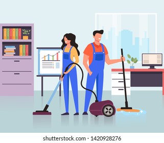 Cleaners Team Clean Office. Cleaning Service Concept. Vector Flat Graphic Design Cartoon Illustration