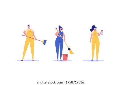 Cleaners team working in office or home. Janitor or housekeeper in uniform. Concept of cleaning service, cleanup house, housekeeping. Vector illustration in flat design for web banners