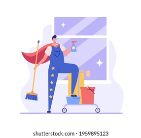 Cleaners team working in office or home. Janitor or housekeeper in uniform. Concept of cleaning service, cleanup house, housekeeping. Vector illustration in flat design for web banners