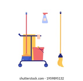 Cleaners team working in office or home. Janitor or housekeeper in uniform. Concept of cleaning service, cleanup house, housekeeping. Vector illustration in flat design for web banners